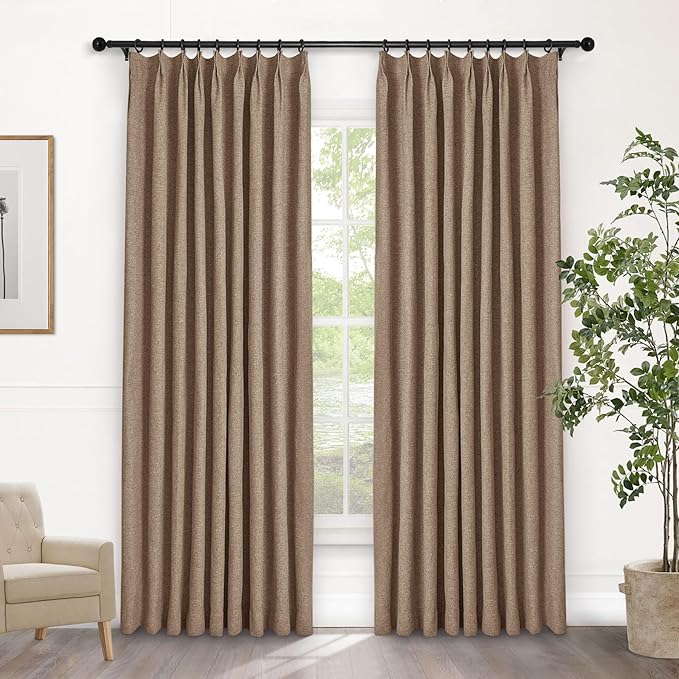 Macochico Pinch Pleated 100% Blackout Curtains Taupe Linen Curtains for Bedroom Living Room Farmhouse Thermal Insulated Window Panels Pleated Curtains with Hooks and Tieback 52”Wx72”L 1 Panel-Ruum Studio Home
