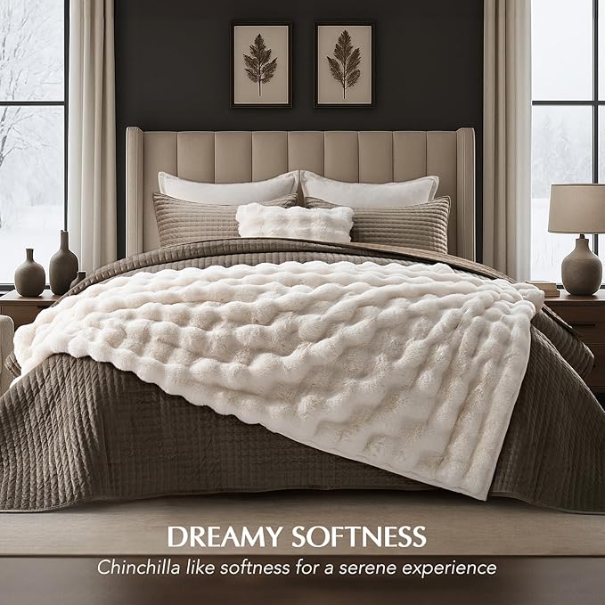 EVERGRACE Ultra Soft Luxury Fluffy Ridgeline Faux Rabbit Fur Throw Blanket, Thick Warm Bubble Throw for Bed, Cozy Plush Reversible Blankets for Couch, Chair, Sofa, Ivory White, 60x80 Inches, 870 GSM-Ruum Studio Home