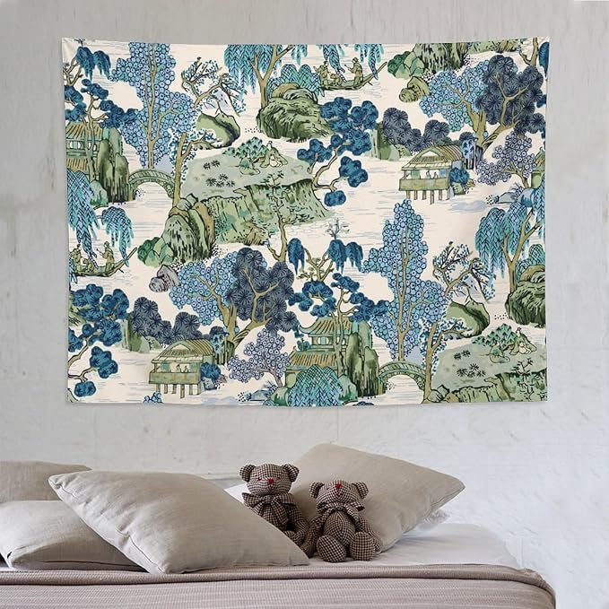 Chinoiserie Tapestry,Asian Watercolor Abstract Art Tapestry,Asian Japanese Wall Tapestry, Nature Landscape Tapestries for Bedroom Living Room Decor 80"x60"-Ruum Studio Home