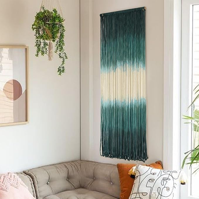 Macrame Wall Hanging Green Boho Handmade Ombre Wall Art Decor for Living Room Bedroom Fiber Art 15''W*43''L-Ruum Studio Home