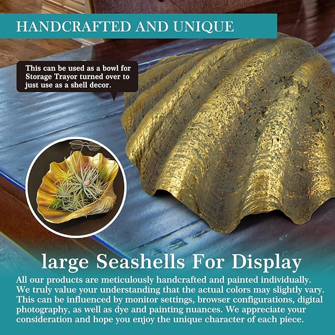 Large Clam Shells Decorative Bowl-Bronze/Golden Sea Shells Decorative Storage Bowls for Coastal Beach theme house table centerpiece decorations & Nautical decorations for coffee table -10.2"-1PC-Ruum Studio Home