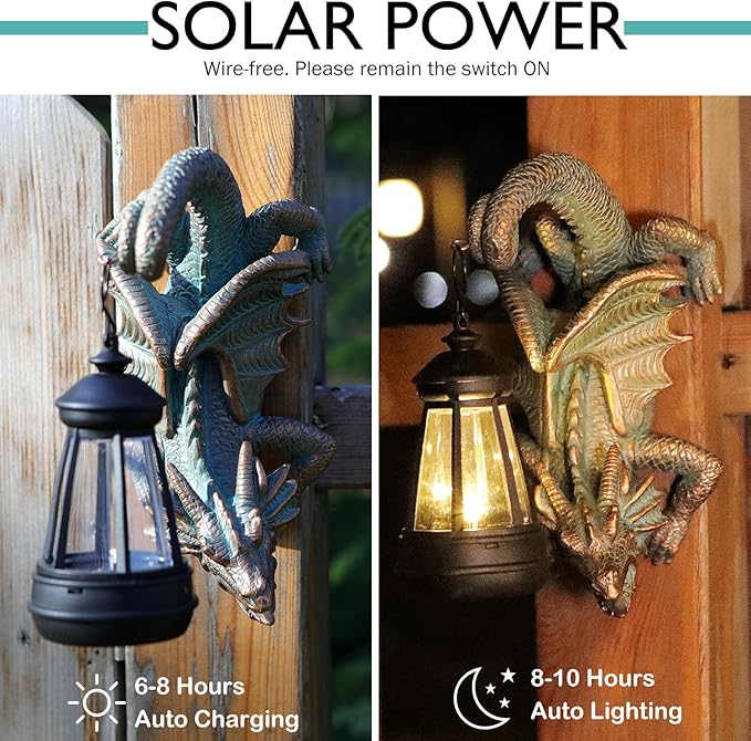 Solar Dragon Tree Hugger Statue Wall Decor - Gothic Garden Statue with Solar Lantern, Outdoor&Yard Decor, Fantasy Dragon Figurine for Trees, Walls, or Fences - Unique for Men & Women-Ruum Studio Home