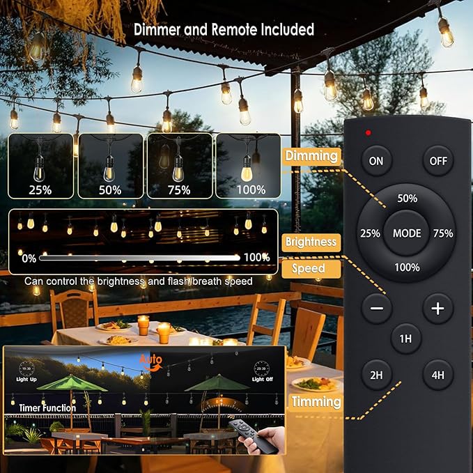 1-Pack 150 ft Outdoor String Lights with Remote Patio Lights Weatherproof, 45+3 Spare S14 Shatterproof Warm 2200K Bulbs, 3 Lighting Modes&Dimmable&Timer-Ruum Studio Home