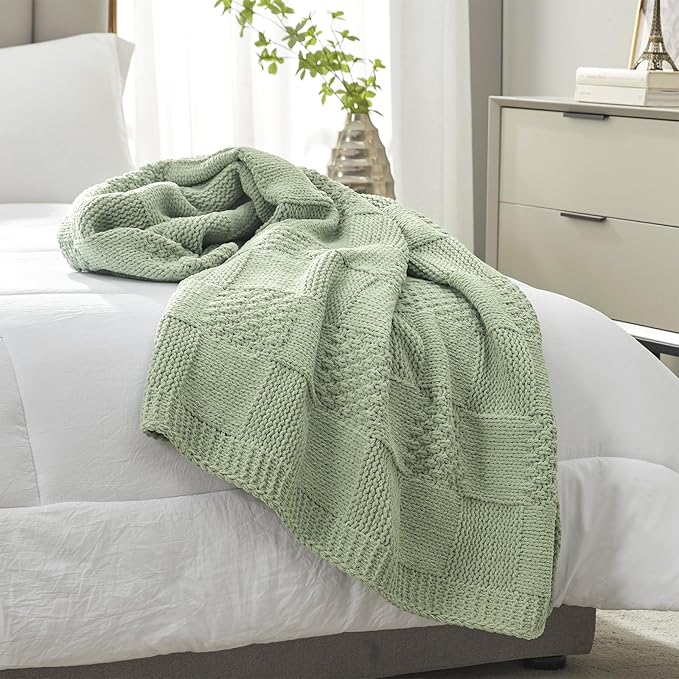 Amélie Home Chenille Knit Throw Blanket for Couch, Checkered Texture Decorative Soft Blanket for Sofa, Bed & Living Room, 50"x60", Sage Green-Ruum Studio Home