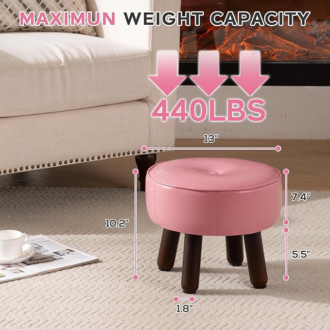 Small Foot Stool Round Pouf Ottoman, 13'' Leather Foot Rest with Non-Skid Rubber Legs, Foolstool Ottomans for Couch, Sofa Footrest Step Stool for Living Room Bedroom Entryway Office, Pink-Ruum Studio Home
