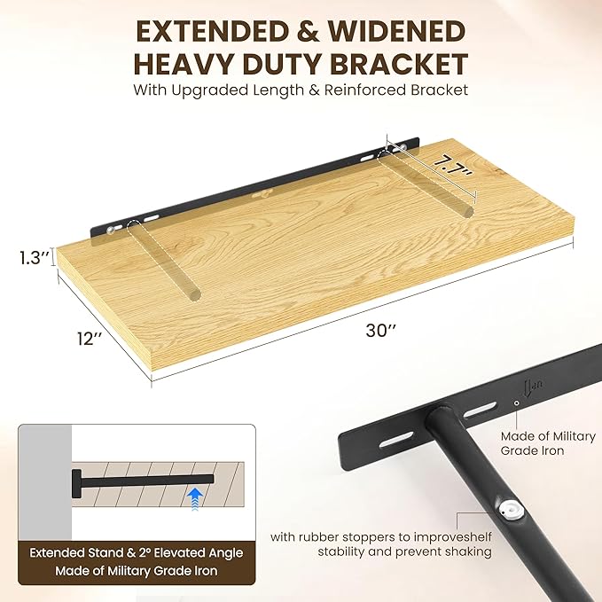 30" Floating Shelves for Wall, 12" Deep Slim Oak Floating Shelves, Wall-Mounted Shelves for Bedroom, Living Room, Kitchen, Bathroom - Set of 2-Ruum Studio Home