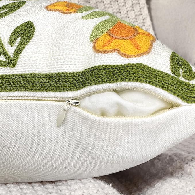 Alysheer Floral Embroidered Summer Decorative Throw Pillow Covers 18"x 18" Set of 2, Farmhouse Cottage Orange Flowers Green Leaves Knit Patterned Cotton Canvas Cushion Case for Couch Bed Living Room-Ruum Studio Home