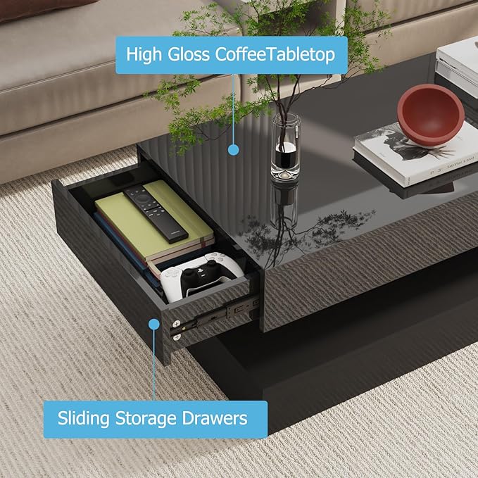 Uspeedy 47.3IN High Glossy LED Coffee Table,Modern Coffee Tables for Living Room,Living Rooms Tables,Large Living Room Furniture,APP LED Lights,Black/White Coffee Table for Livings Room (Black)-Ruum Studio Home