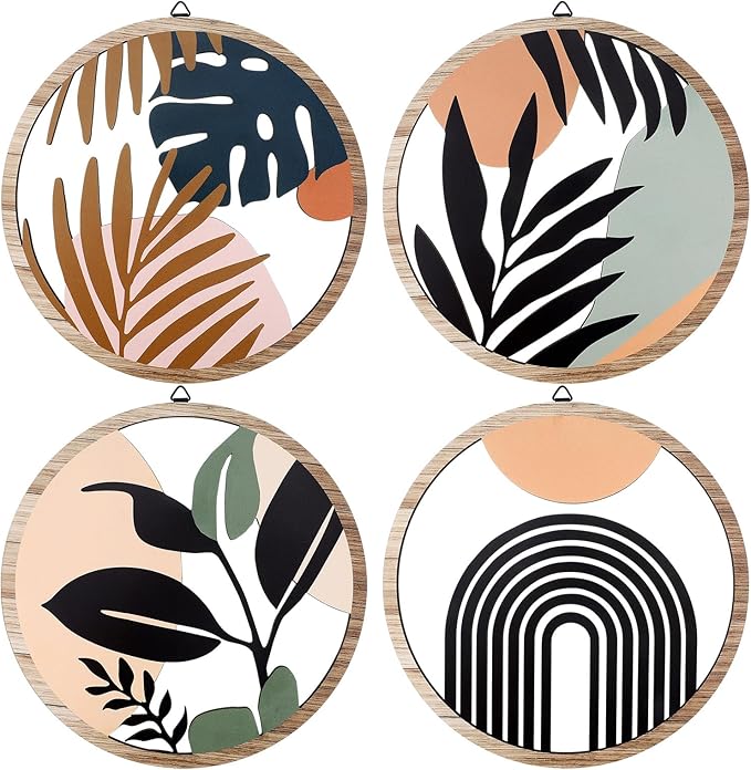 Qunclay 4 Pieces Boho Wall Art Wooden Bohemian Wall Decor Hanging Art Nursery Decor Farmhouse Geometric Hanging 10 Inch Aesthetic Wood Minimalist for Apartment Bedroom(Elegant)-Ruum Studio Home