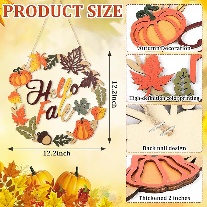 Fall Decoration Hello Fall Wreaths for Front Door, Wooden Welcome Maple Leaf Pumpkin Door Sign Ornament, Wood Farmhouse Wooden Hanging for Autumn Harvest Home Halloween Decoration-Ruum Studio Home