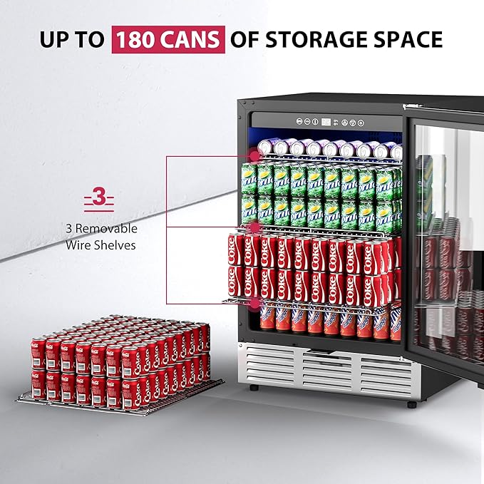 24 Inch Beverage Refrigerator, Beverage Cooler 180 Can Built-in Design, Under Counter Beer Fridge with Glass Door for Soda, Wine, Water - For Kitchen, Office or Bar-Ruum Studio Home
