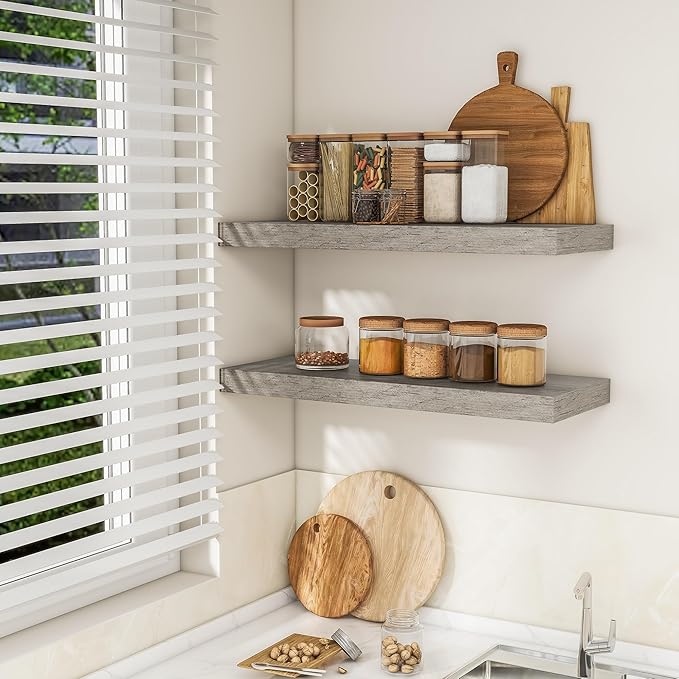 RICHFOCUS 36Inch Floating Shelves for Wall 2 Pack Shelves for Bedroom|Kitchen|Bathroom Wall Mounted Rustic Wood Floating Shelf with Invisible Brackets for Books|Storage|Decor, Grey-Ruum Studio Home