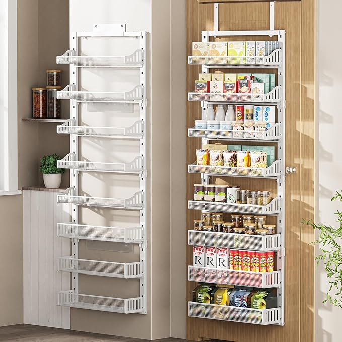 Over the Door Pantry Organizer 8-Tier, Large Metal Door Spice Rack with Adjustable Basket, 2 in 1 Wall Mount or Hanging Heavy-Duty Pantry Door Storage Shelf for Kitchen and Bathroom, White-Ruum Studio Home