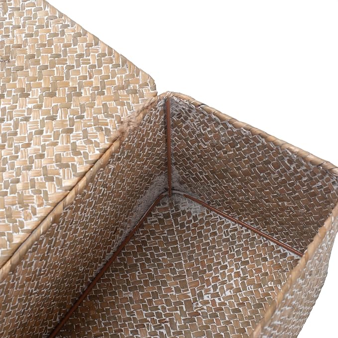 Wicker Basket with Lid, Seagrass Storage Basket, Woven Decorative Storage Baskets for Shelf Organizing, Whitewash-Ruum Studio Home