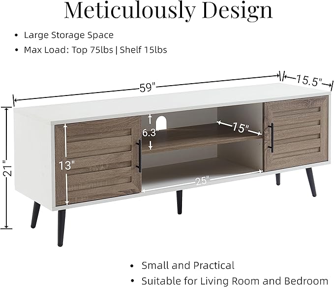 Mid Century Wooden TV Stand with Open Shelf and 2 Storage Cabinets for TVs up to 65 Inches,White Walnut Modern Entertainment Center TV Console for Living Room,Bedroom.-Ruum Studio Home