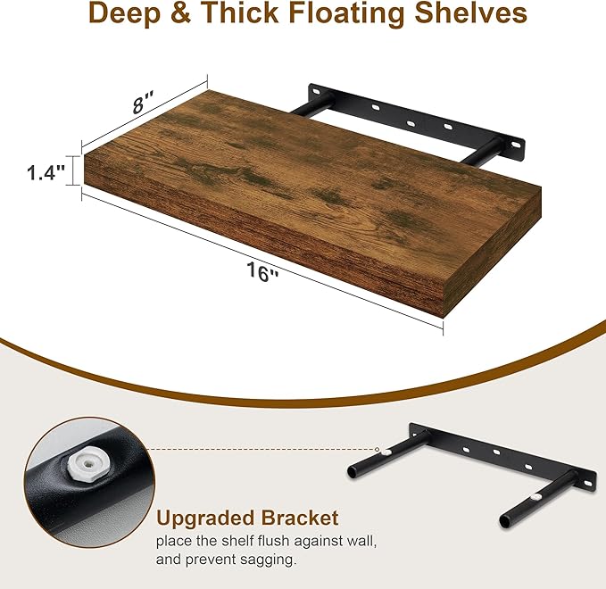 Fun Memories Floating Shelves for Wall, 8 Inch Deep Floating Wall Shelf, 16" x 8" Floating Shelves - Set of 2, Rustic Wooden Storage Shelves for Bathroom, Living Room, Kitchen, Rustic Brown Color-Ruum Studio Home