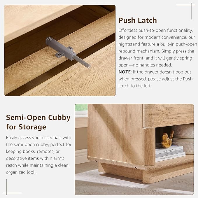 Nightstand with Charging Station, 22" Push-to-Open Bedside Table with 2 Storage Drawers, Large Modern End Table for Bedroom,Living Room,Natural Oak-Ruum Studio Home