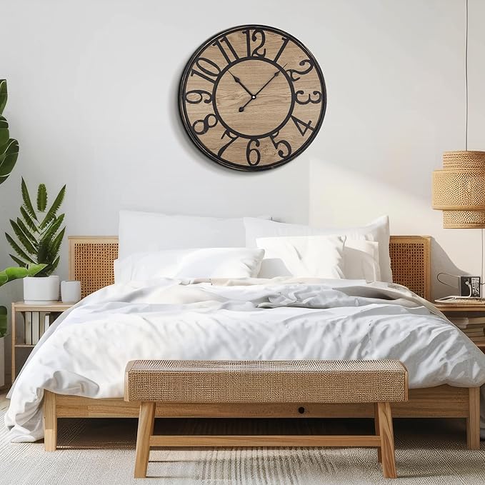 Large Wall Clock for Living Room Decor - Non-Ticking, Silent, Battery Operated Modern Vintage Wood Clock - Oversized Decorative for Bedroom, Kitchen, Farmhouse, Office-Ruum Studio Home