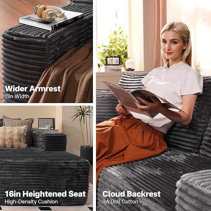 106" Cloud Sectional Couches for Living Room,Plush Corduroy Boneless Couch with Comfy Chaise,L Shaped Sofa in A Box No Assembly Require,Grey-Ruum Studio Home