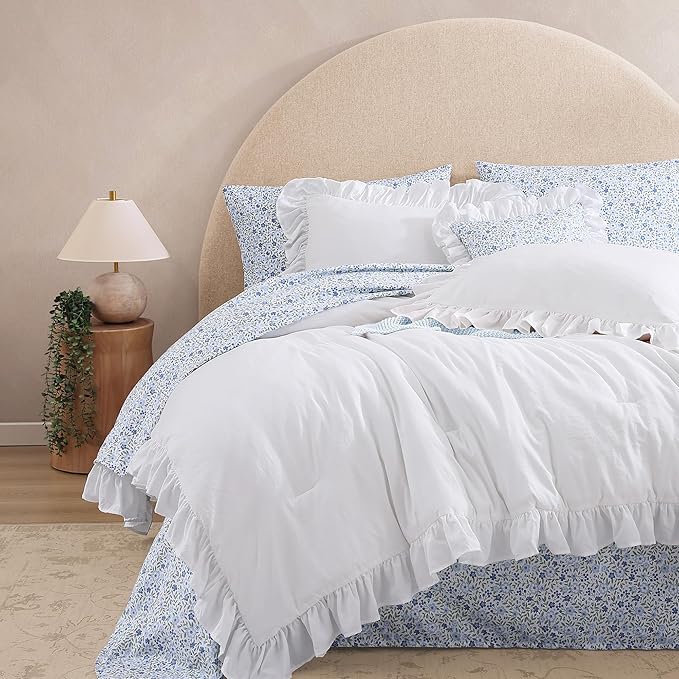 Queen Comforter Set - 7 Pieces Ruffle White Bedding Sets, Shabby Chic Farmhouse Bed in a Bag Queen with Ruffle Comforter, Floral Sheets, Pillowcases & Shams-Ruum Studio Home