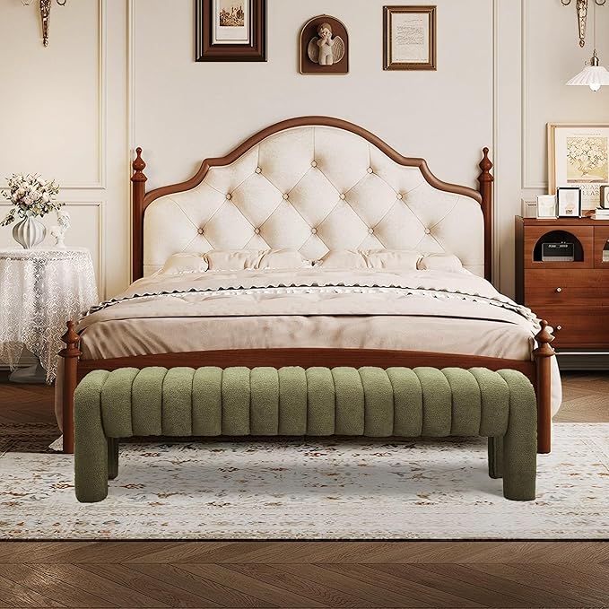 63" Bedroom Bench, Upholstered Entryway Bench, Modern End of Bed Ottoman with Solid Wood Legs and Adjustable Foot Pegs for Entryway, Dining Room and Living Room, 440lbs (Green Boucle)-Ruum Studio Home