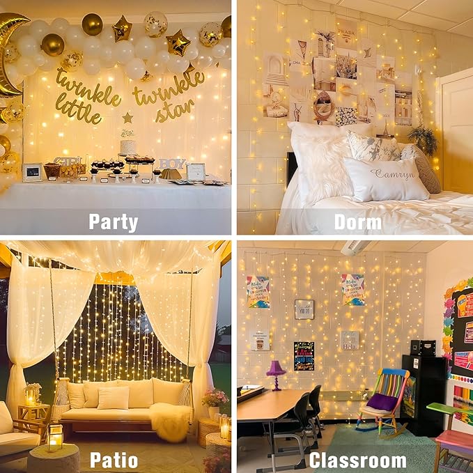 JMEXSUSS 300 LED Remote Control Curtain Lights, Plug in Fairy Curtain Lights Outdoor, Window Wall Hanging String Lights for Bedroom Backdrop Wedding Party Indoor Christmas Patio Dorm Decor, Warm White-Ruum Studio Home