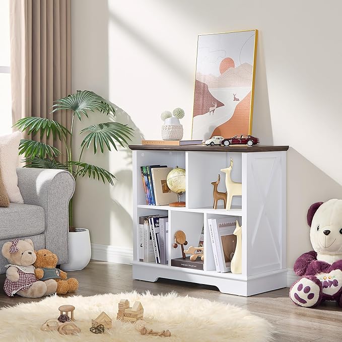 Farmhouse 5 Cube Bookshelf, White Storage Organizer Bookcase, Kids Toy Storage Cabinet, Small Bookshelves Storage Organizer Shelf, Wood Display Cabinet Book Shelves for Bedroom,Living Room,Office-Ruum Studio Home