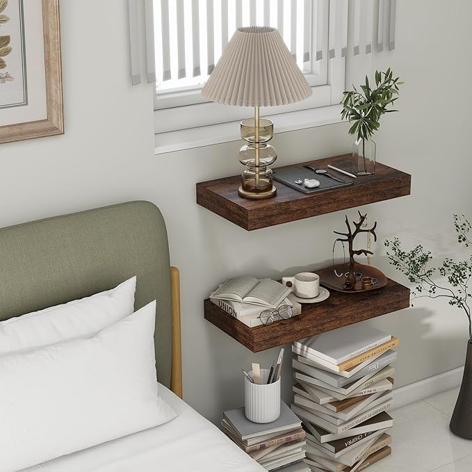 Deep Floating Shelves, 12 Inch Deep Rustic Floating Shelves Set of 2, 24 Inch Large Wall Mounted Wood Shelves for Books Laundry Room Living Room Bedroom Kitchen Home Office - Rustic Brown-Ruum Studio Home