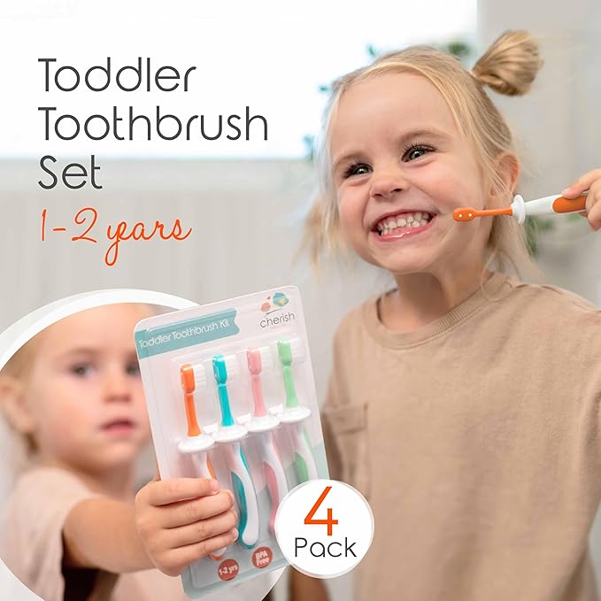 Cherish Baby Care Toddler Toothbrushes 1-2 Years (4-Pack) - BPA-Free & Safety-Tested Kids Toothbrush Kit, Designed by a Pediatric Dentist, Soft-Grip Toothbrush for Kids, My First Toothbrush Set-Ruum Studio Home