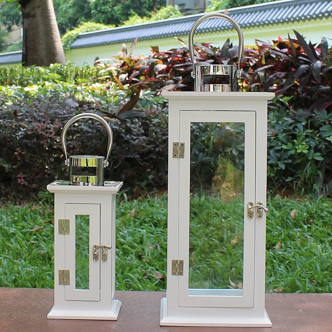 CVHOMEDECO. Decorative Elegant Wood Hurricane Candle Lantern with Stainless Top and Glass Inserts for Home Patio Outdoor Decor. White, Set of 2-Ruum Studio Home