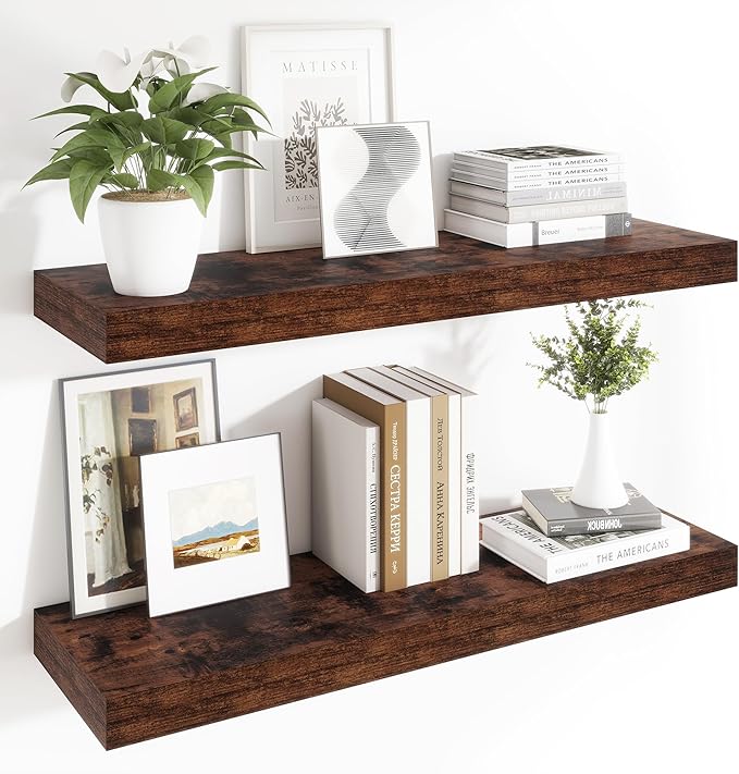 Heimlove 12 Inch Deep Floating Shelves, 48 x 12 inches Long Wall Shelf, Large Display Shelf & Storage Shelf, Rustic Wood Wall Shelves for Fireplace Mantel, Set of 2(Rustic Brown)-Ruum Studio Home