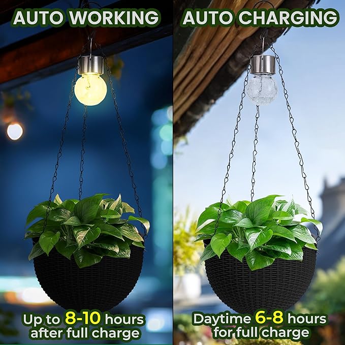 Hanging Baskets for Plants Outdoor - 2 Pack Black Plastic Solar Flower Pots with Drainage Holes & Removable Saucer, Self-Watering Hanging Planters for Garden, Porch, Balcony, Patio-Ruum Studio Home