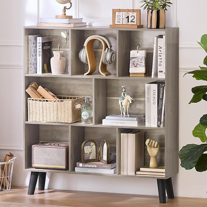 LEYAOYAO 8 Cube Bookshelf,3 Tier Bookcase with Legs,Modern Grey Mid-Century Bookshelves,Large Farmhouse Open Storage Organizer Shelf, Retro Wooden Display Book Case for Bedroom,Living Room,Office-Ruum Studio Home