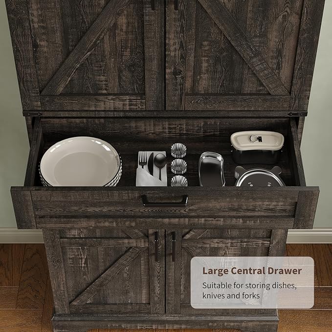 72'' Kitchen Storage Pantry Cabinet, Tall Storage Cabinet with 8 Door Shelves, 2 Cabinets and 1 Drawer, Freestanding Cupboard for Kitchen, Dining Room, Bathroom, Laundry, Living Room, Dark Rustic Oak-Ruum Studio Home