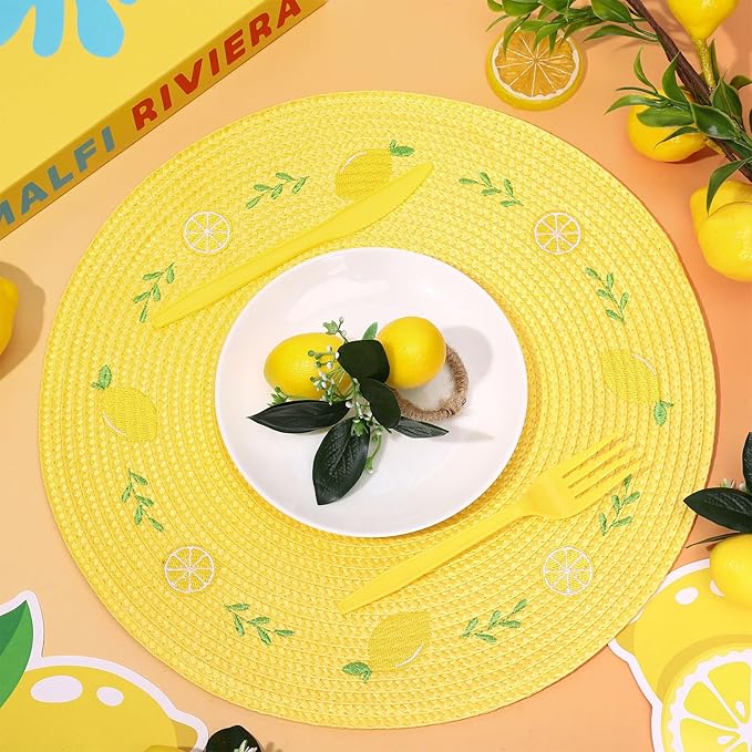 Whaline 4Pcs Round Placemats Lemon Embroidered Place Mats Summer Lemon Greenery Leaves Dinner Table Mats for Home Wedding Baby Shower Birthday Party Decor-Ruum Studio Home