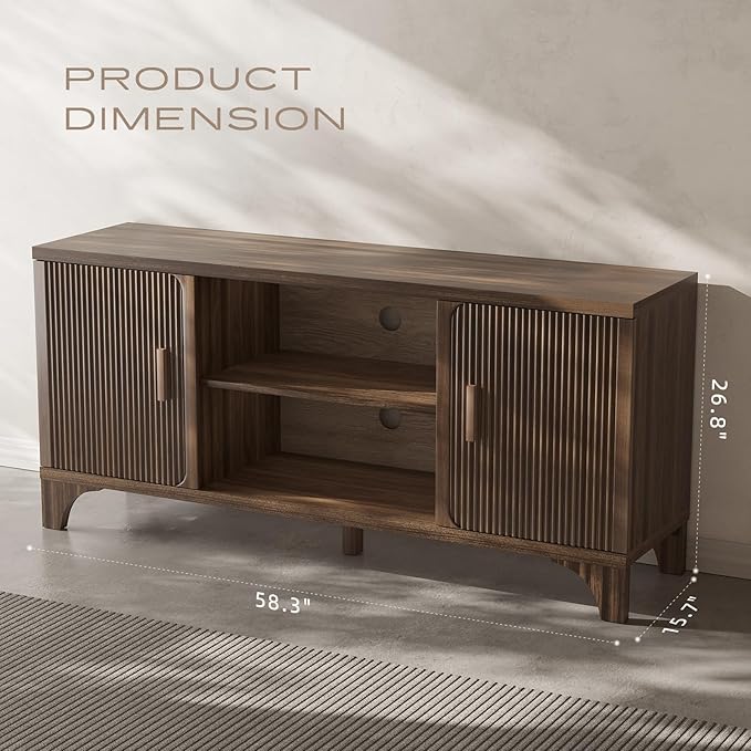 Tall Mid Century Modern TV Stand for 55/65 Inches Television, TV Console with Fluted Doors and Storage, Entertainment Center for Living Room and Bedroom, Dark Brown-Ruum Studio Home