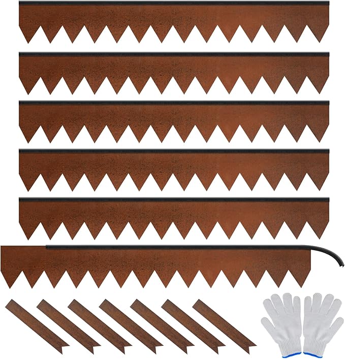 Worth Garden 6-Pack Cor-Ten Steel Landscape Edging with Black Protection Strips - Rust Patina Finish 40" L x 5.5" H (20Ft Total) - Hammer-in 14-Gauge Metal Corten Lawn Yard Edging Border w/ 7 Clips-Ruum Studio Home