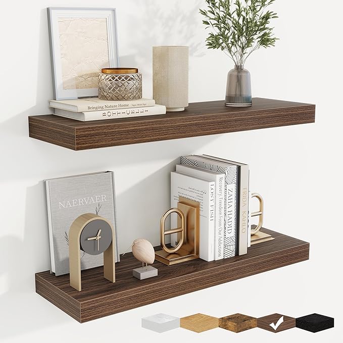 fuqing Floating Shelves for Wall, Bathroom Shelf Wall Mounted for Storage, Shelves with Invisible Bracket for Bedroom, Kitchen, Living Room, Farmhouse Small Book Shelf, 24 Inch Set of 2, Walnut-Ruum Studio Home