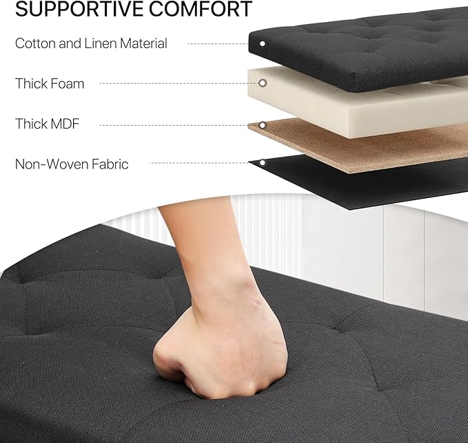 MoNiBloom 42 Inch Long Ottoman with Storage, Black Linen Foot Stool Upholstered Foam Padded Rectangular Fabric Tufted Bench Footrest for Living Room Bedroom Entry with 300 Lbs Capacity-Ruum Studio Home