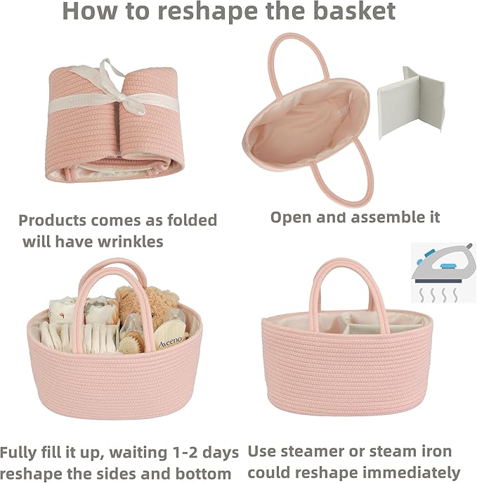Diaper Caddy Organizer Cotton Rope Baby Basket Nursery Storage and Portable Tote Bag for Car Ideal Baby Shower Gifts and Registry Must-Have for Newborn Essentials coral pink-Ruum Studio Home