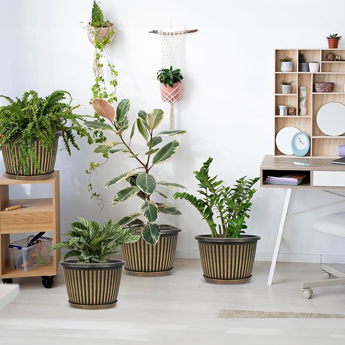 Planter-Pots-for-Plants-Indoor-Outdoor, 4 Pack 10 Inch Plastic Flower Pots with Saucer & Drainage Holes, Modern Garden Planters for Planting Medium Large Plants，Decorative Resin Garden Pots-Ruum Studio Home