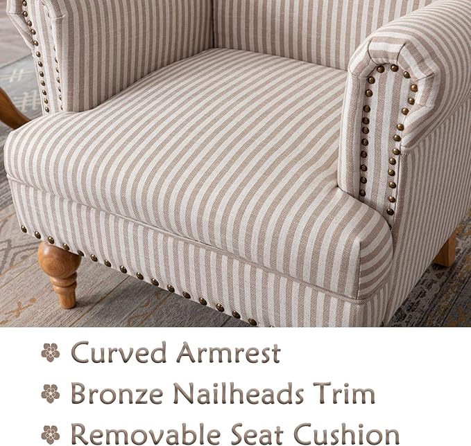 chairus Linen Accent Chair for Living Room Set of 2 Upholstered Mid Century Modern Single Sofa Chair with Solid Wood Legs Comfy Reading Chair Armchair for Bedroom/Office/Recption/Lounge, Khaki Stripe-Ruum Studio Home