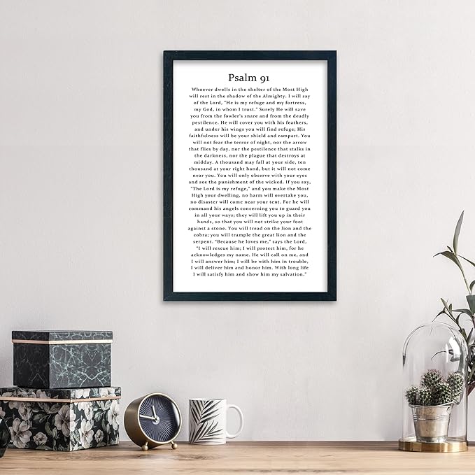 LuZhiQiang Psalm 91 Scripture Wall Art 16"×11" Bible Verse Christian Inspirational Sign Wood Framed Wall Hanging Decor (Black)-Ruum Studio Home
