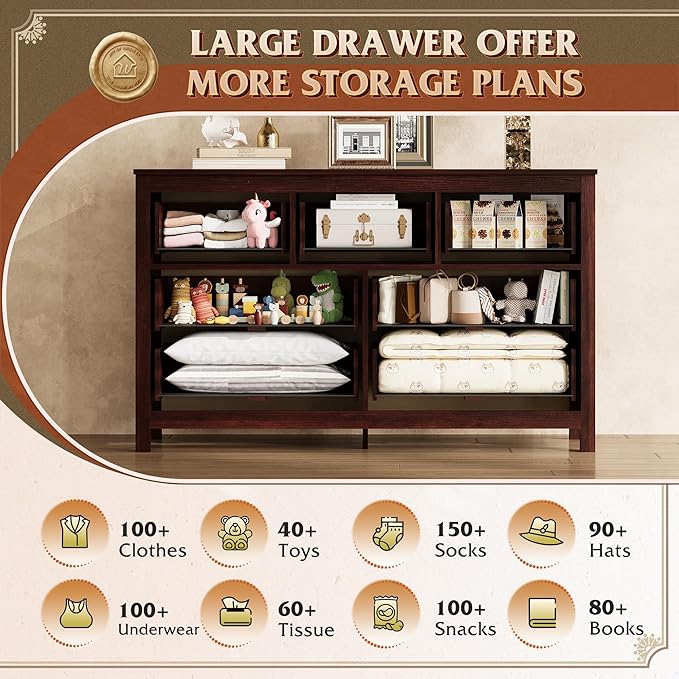 WLIVE Farmhouse Dresser for Bedroom, 51.18'' Wide 7 Drawer Wood Dresser, TV Stand for 65 inch TV, Wooden Chest of Drawers for Bedroom, Modern Clothes Organizer for Living Room, Hallway, Rustic Brown-Ruum Studio Home