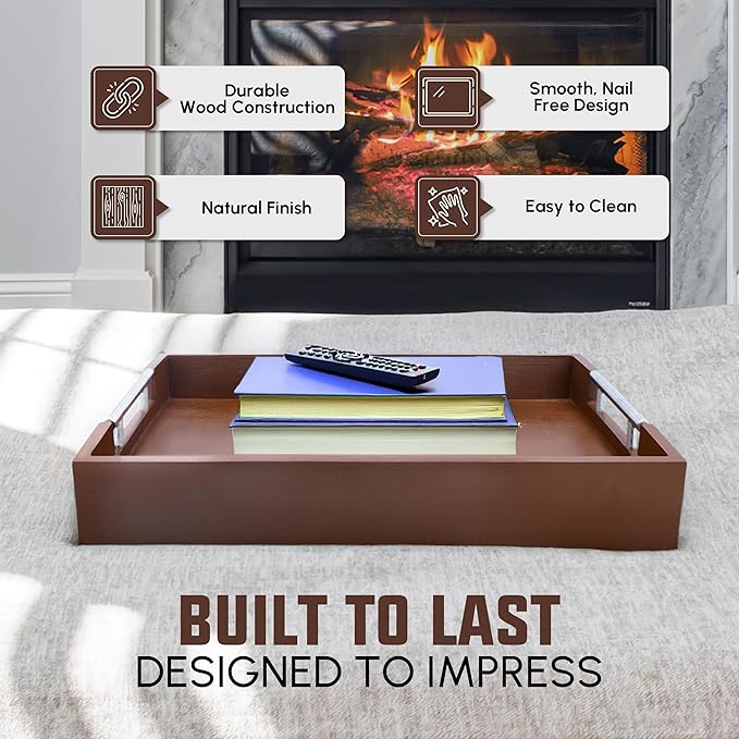 Acacia Wood Serving Tray with Handles - 17" x 13" Rectangular, Decorative Ottoman Tray for Living Room, Coffee Table, Breakfast in Bed, Candle Display-Ruum Studio Home