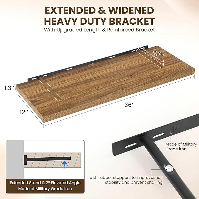 36" Floating Shelves for Wall, 12" Deep Slim Walnut Floating Shelves, Wall-Mounted Shelves for Bedroom, Living Room, Kitchen, Bathroom - Set of 2-Ruum Studio Home