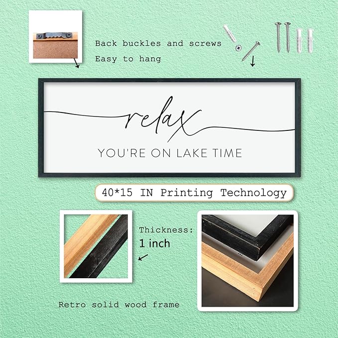 Relax You're On Lake Time Sign Wall Decor 40"×15" Lake House Bedroom Large Wood Framed Hanging Wall Art (Black)-Ruum Studio Home