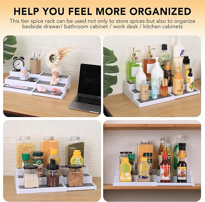 3-Tier Expandable Spice Rack, Plastic Spice Rack Organizer for Cabinet, Adjustable Length, Non-Skid Spice Shelf Organizer for Kitchen Cabinet, Countertop or Pantry, 2 Pack, White/Grey-Ruum Studio Home