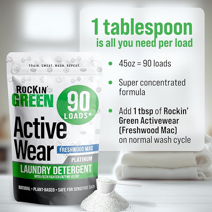 Rockin' Green Laundry Detergent, Plant based, All Natural Laundry Detergent Powder, Vegan and Biodegradable Odor Fighter, Safe for Sensitive Skin (Active Wear 90 Loads - Freshwood Mac)-Ruum Studio Home