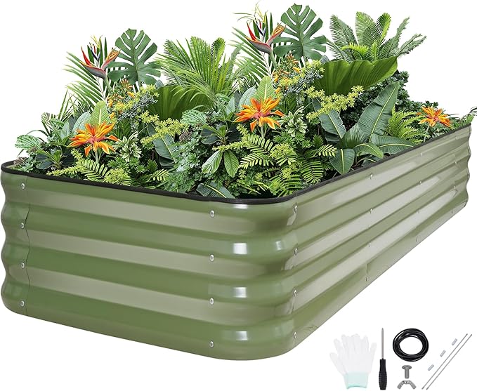 5-in-1 Adjustable Raised Garden Bed Kit | Galvanized Planter Boxes for Vegetables, Flowers | 12" Tall, Multiple Sizes (8x3x1ft, 9x2x1ft, 10x1x1ft, 6x5x1ft, 7x4x1ft) | Outdoor Metal Raised Bed, Green-Ruum Studio Home